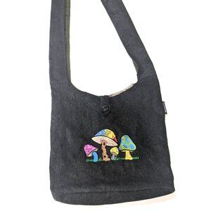 IXCHEL Crossbody Bag Black Sparkle Embroidered Colorful Mushrooms Hobo Purse
